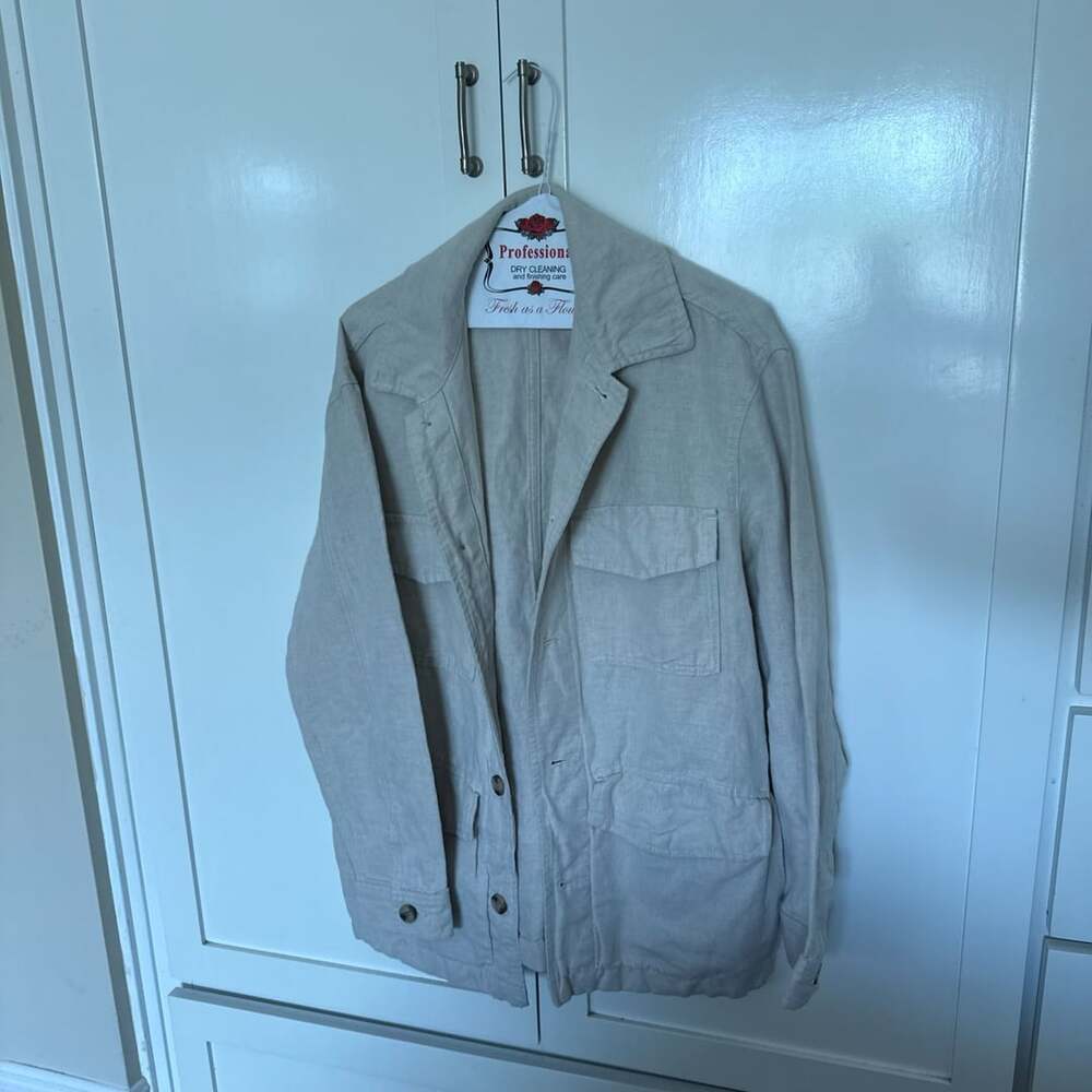 Mens Beige Linen Safari Jacket Utility Field Shirt Jacket